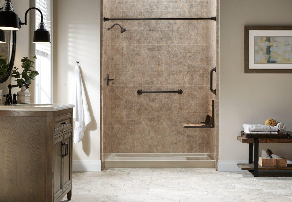 Walk-in shower with beige stone shower walls
