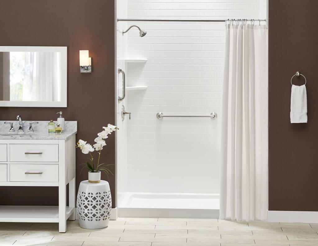 white-tiled walk-in shower