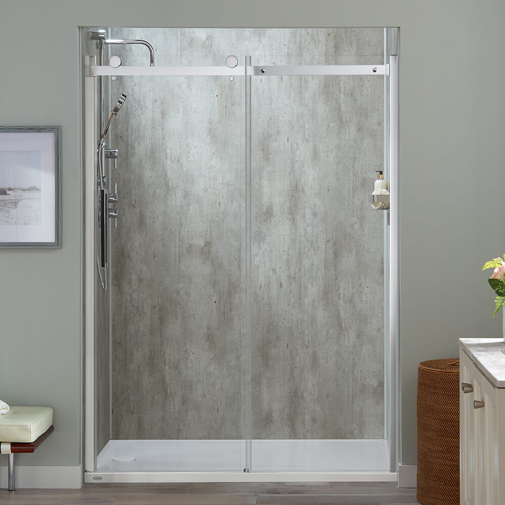 Walk-in shower with gray walls 